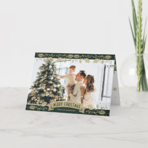 Cartão de Natal fotográfico botânico de ouro verde