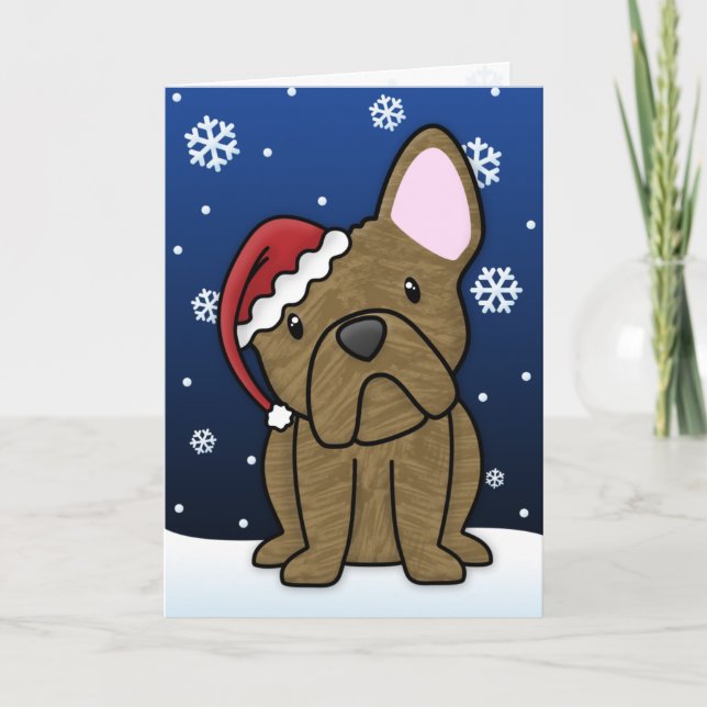 Cartão de Natal Francês Kawaii Bulldog (Brindle) (Frente)