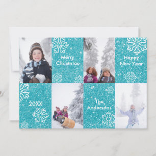 Cartão de Natal - Fundo de Brilho Azul com 4 Fotos