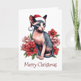 Cartão de Natal | Gato Sphynx Usando um Chapéu de