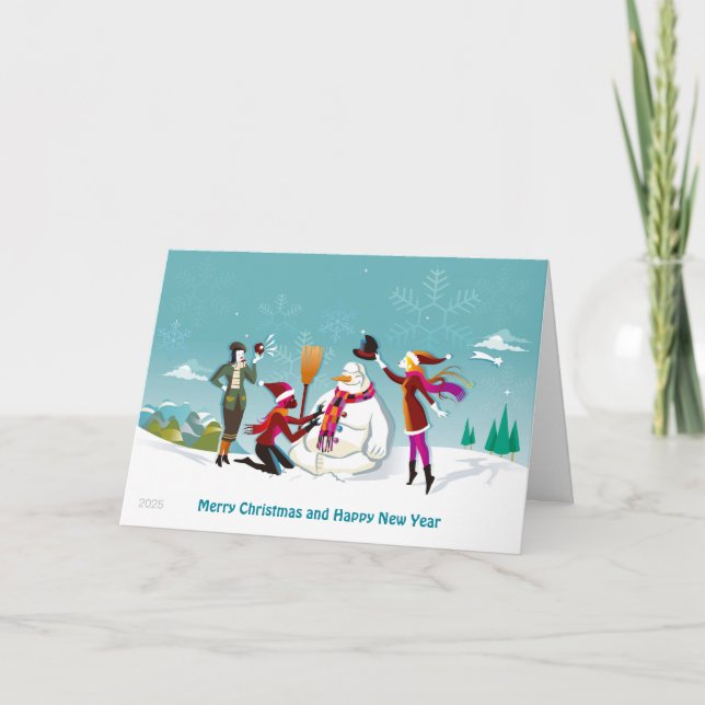 Cartão de Natal Girls Fazer Snowman (Frente)