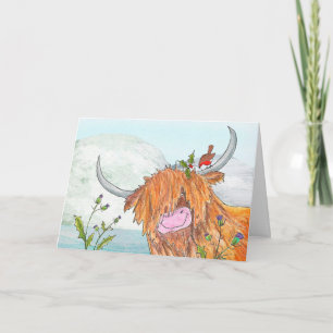 Cartão de Natal Highland Coo e robin