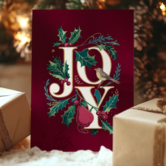 Cartão de Natal Holly Bird para Joy Typografia Ele (Criador carregado)