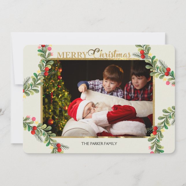 Cartão de Natal Horizontal com Foto de Frutas Verm (Frente)