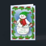 Cartão de Natal Jolly Snowman<br><div class="desc">Um boneco de neve gelado com lenço vermelho e luvas e chapéu verde trará um sorriso durante as férias. A fronteira holly e o fundo azul somam ao alegre aplauso do Natal deste cartão de saudação único. Adicione seu nome de família à frente da placa e o dentro verso pode...</div>