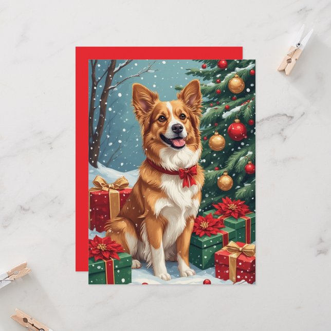 Cartão de Natal Marrom e Branco com Cachorro (Frente/Verso In Situ)