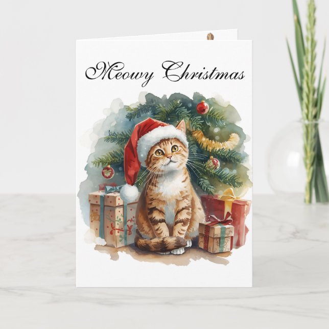 Cartão de Natal Meowy em aquarela de gatinho adorá (Frente)