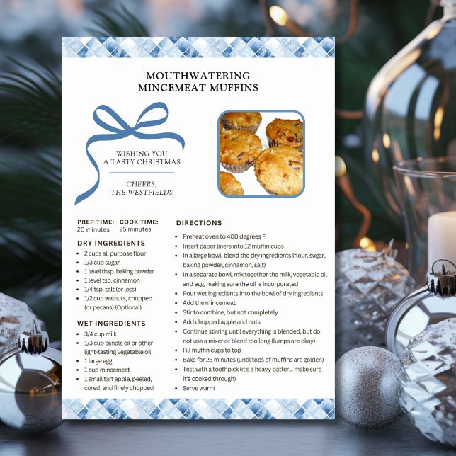Cartão de Natal Mincemeat de Receita de Férias (Dusty Blue Check Holiday Recipe Mincemeat Muffins Christmas Card)