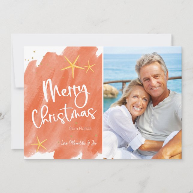 Cartão de Natal Mínimo Coral e Dourado (Frente)