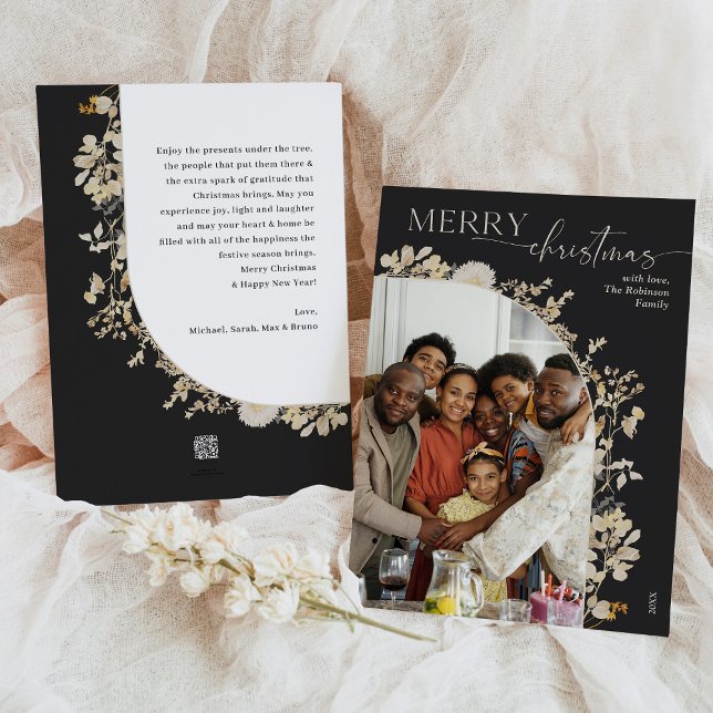 Cartão de Natal Mínimo Preto Branco Floral Merry (Criador carregado)