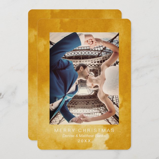 Cartão de Natal Moderno Amarelo-Amarelo com Aquare (Frente/Verso)