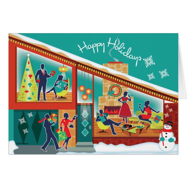 Cartão de Natal Moderno da Casa do meio século (Frente Horizontal)