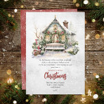 Cartão de Natal Nostalgic Vintage Holiday Cottage<br><div class="desc">Nada diz o Natal como uma bela casa de campo vintage carregada de verde de férias e arcos numa cena de inverno nevado com um banco rústico e confortável empilhado de neve no assento e abaixo. Esta design dá cumprimento a essa promessa de todo o Natal para cumprimentar sua família,...</div>