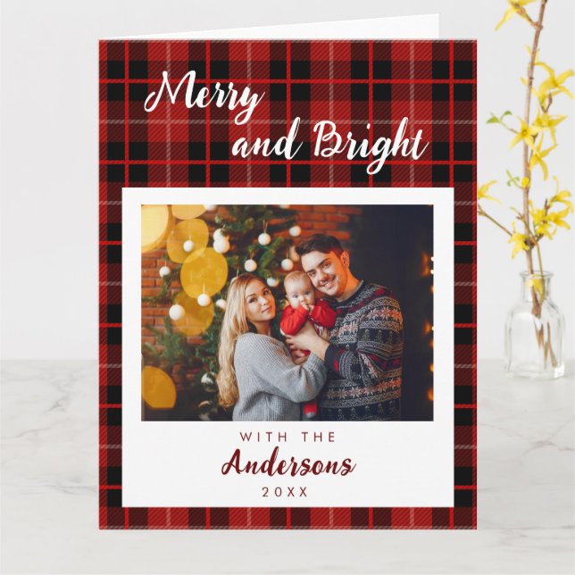 Cartão de Natal padrão vermelho verificado (Flor Amarela)