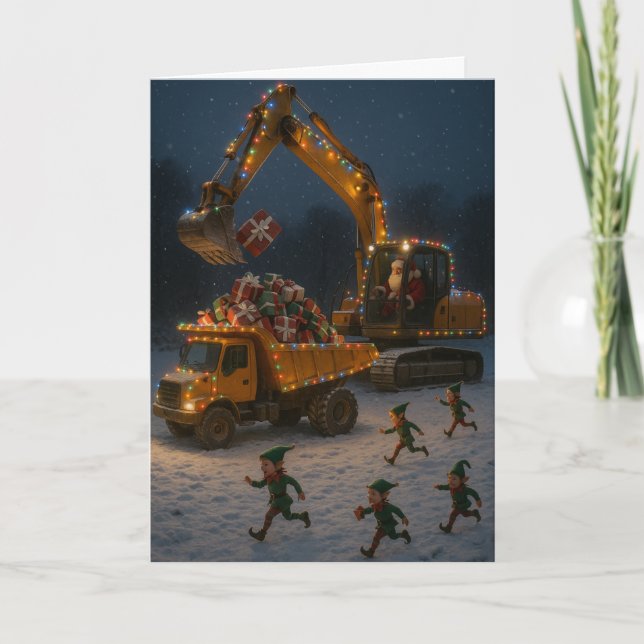 Cartão de Natal Papai Noel, elfos de Natal, escava (Frente)