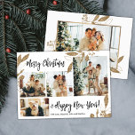 Cartão de Natal para Colagem de Fotos de Folhagem<br><div class="desc">O Elegante, moderno Dourado e branco deixa 4 fotos de colagem de fotos com um cartão de Natal feliz. Este modelo de cartão de 4 fotos, festivo, mimalista e cômico, apresenta uma bonito colagem fotográfica, folhas botânicas de folha de ouro falso, winterberry e diz Feliz Natal e Feliz ano novo!...</div>