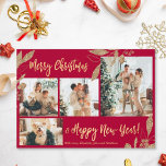 Cartão de Natal para Colagem de Fotos do Elegante<br><div class="desc">O Elegante, moderno Dourado e Borgonha Botânico deixa 4 fotos de colagem feliz cartão de Natal. Este modelo de cartão de 4 fotos, festivo, mimalista e cômico, apresenta uma bonito colagem fotográfica, folhas botânicas de folha de ouro falso, winterberry e diz Feliz Natal e Feliz ano novo! O texto de...</div>