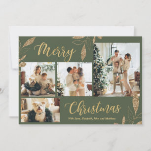 Cartão de Natal para Colagem de Fotos Dourada Verd
