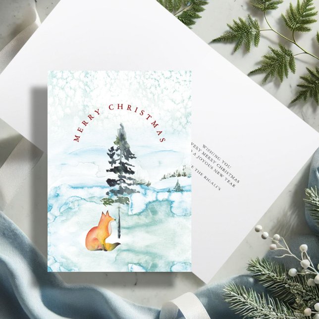 Cartão de Natal para ilustração com cor aquosa Fox (Merry Christmas wishes watercolor fox holiday card with unique art by Victoria Grigaliunas)