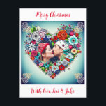 Cartão de Natal para novos Casais<br><div class="desc">Bonito fundo teal com rosas vermelhas e flores coloridas estilo de arte folclórica floral. Adicione uma foto sua e de seu parceiro na área de personalização. Docinho romântico para o Natal.</div>