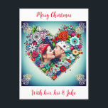 Cartão de Natal para novos Casais<br><div class="desc">Bonito fundo teal com rosas vermelhas e flores coloridas estilo de arte folclórica floral. Adicione uma foto sua e de seu parceiro na área de personalização. Docinho romântico para o Natal.</div>