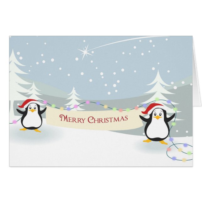 Cartão de Natal para Pinguins Felizes (Frente Horizontal)