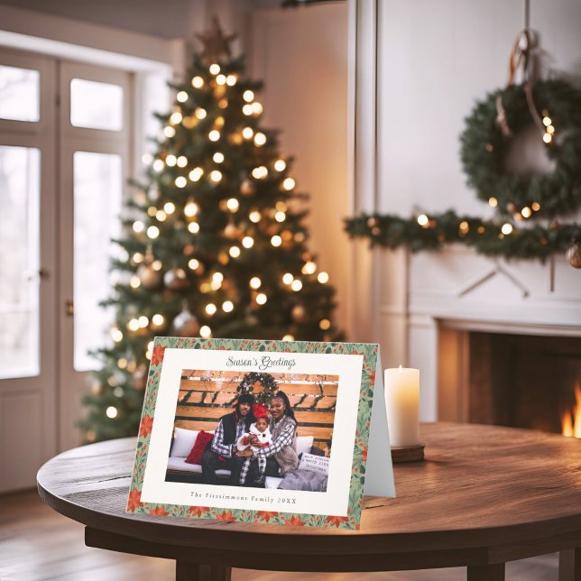 Cartão de Natal para Poinsettia Verde Moderno (Poinsettia Season Folded Photo Christmas Card sage green)