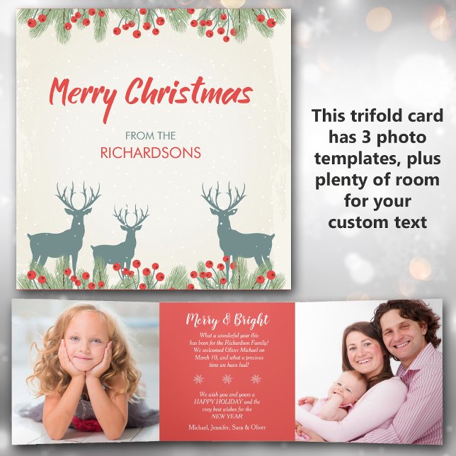 Cartão de Natal para Retro Deer Holly 3 Photo Triv (Criador carregado)