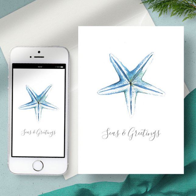 Cartão de Natal Personalizado com Estrela-do-Mar e (Digital Christmas Cards Beach Starfish sea star blue
)