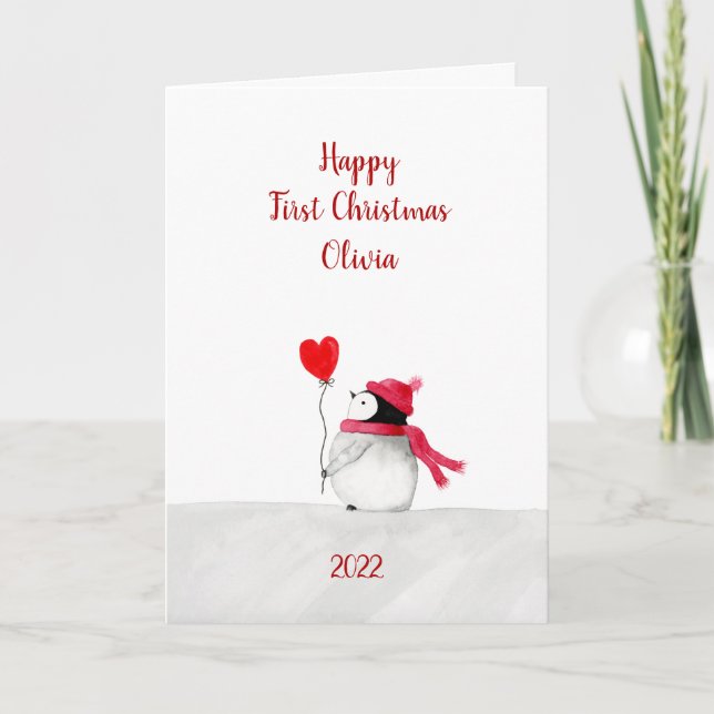 Cartão de Natal Personalizado da Peggy Penguin par (Frente)