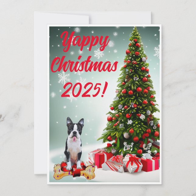 Cartão de Natal Personalizável de Boston Terrier Y (Frente)