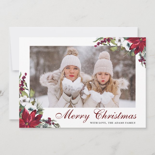 Cartão de Natal PHOTO Floral da Red Poinsettia (Frente)
