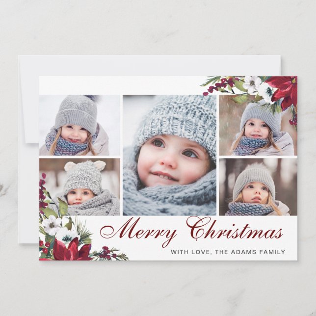 Cartão de Natal PHOTO Red Poinsettia Floral 5 (Frente)
