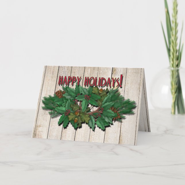 Cartão de Natal Pine Swag Wood Background (Frente)