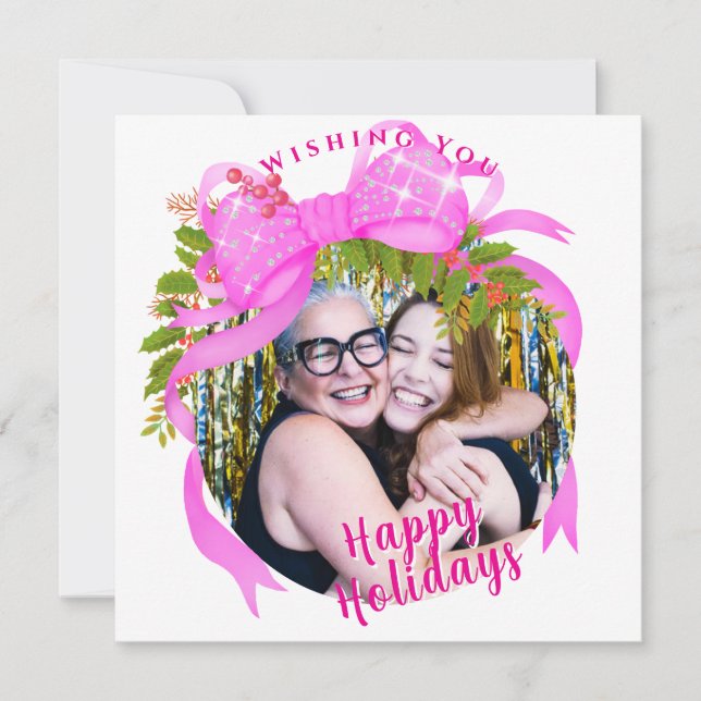 Cartão de Natal Plano com Fita Rosa Brilhante (Frente)