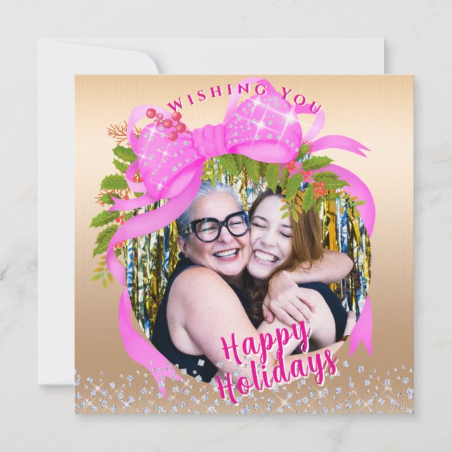 Cartão de Natal Plano com Fita Rosa Brilhante (Frente)