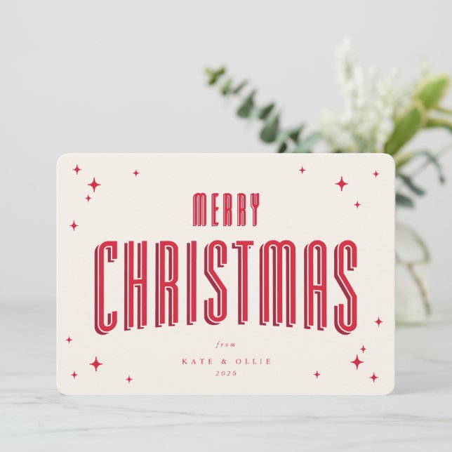 Cartão de Natal Plano Estrelas Retro Creme+Vermelh (Em pé/Frente)
