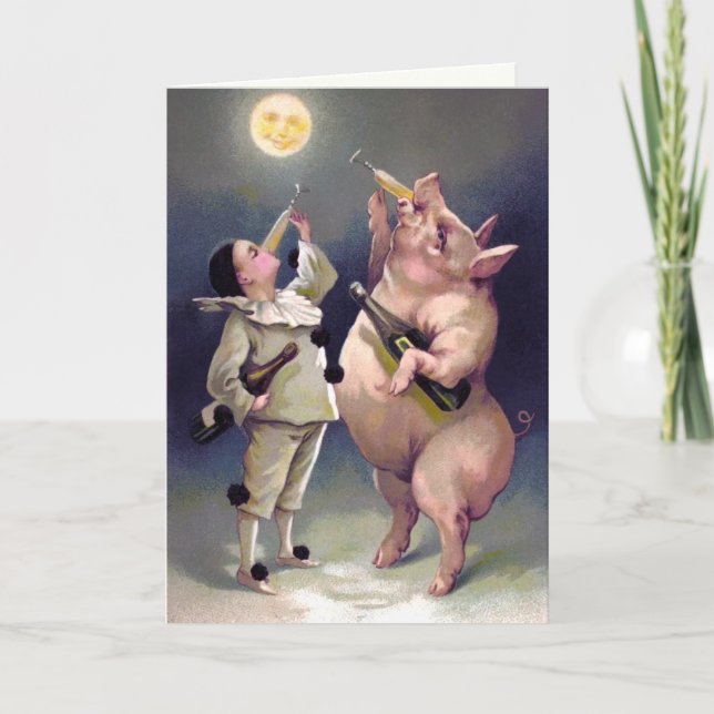 Cartão de Natal Porco Bebendo Vintage (Frente)