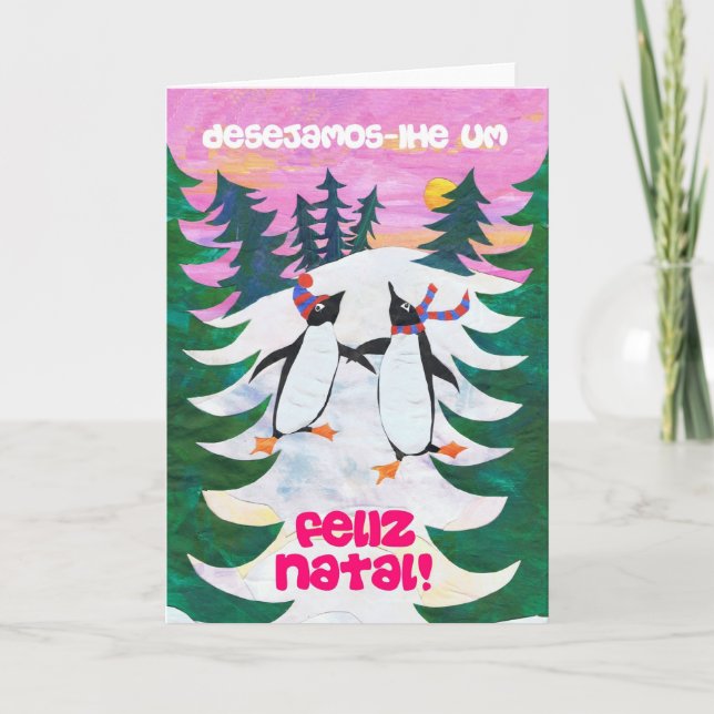 Cartão de Natal Português - Pinguins de Patinação (Frente)