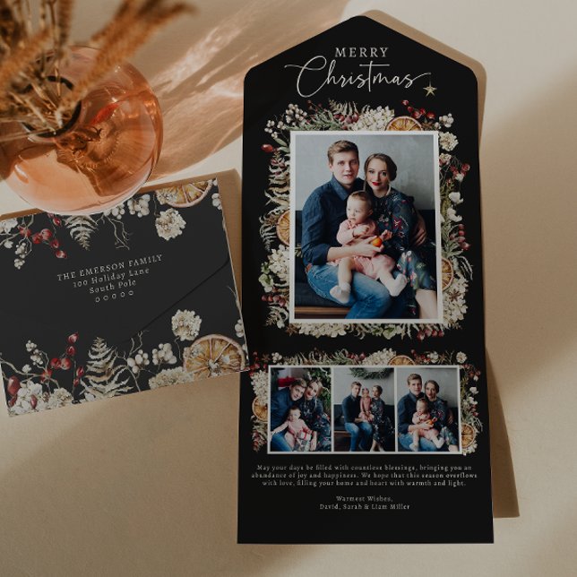 Cartão de Natal Preto Triplo Dobra (Black Boho Botanical Trifold Merry Christmas Send and Seal Holiday Photo Collage Card
)