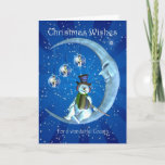 Cartão de Natal, Primo Natal, Snowman no M<br><div class="desc">Cartão de Natal,  Primo Natal,  Snowman na Lua</div>