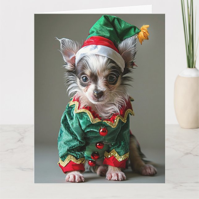 Cartão de Natal Pupppy Elf Crestado Chinês (Frente)