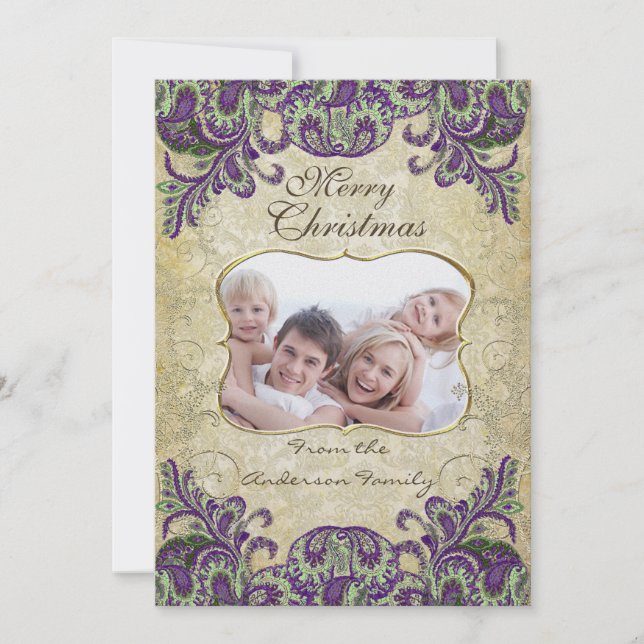 Cartão de Natal Púrpura e Pavão Verde de Foto da F (Frente)