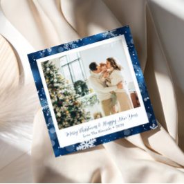 Cartão de Natal Quadrado Floco de Neve Azul Elegan