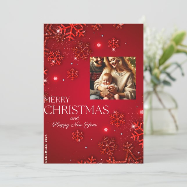 Cartão de Natal Red Snowflake com Foto da Família (Em pé/Frente)