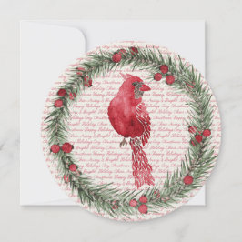 Cartão de Natal Redondo com Cardinal em Aquarela