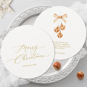 Cartão de Natal redondo com Dourado Script e Belis