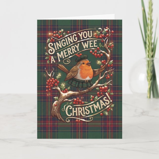 Cartão de Natal Robin Tartan (Frente)