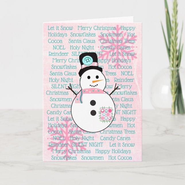 Cartão de Natal Rosa e Teal Snowman Flocos de Neve (Frente)