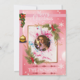 Cartão de Natal Rosa Elegante com PhotoFrame Perso